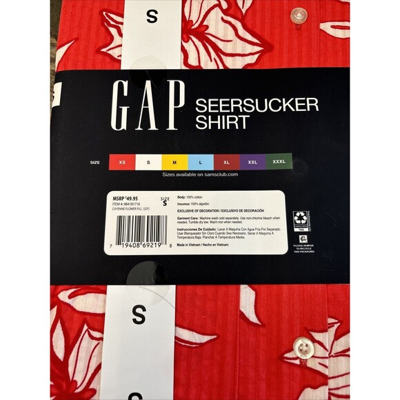 Gap Men Short Sleeve Seersucker Shirt S Cayenne Flower Fill New Red Relaxed - Picture 12 of 12